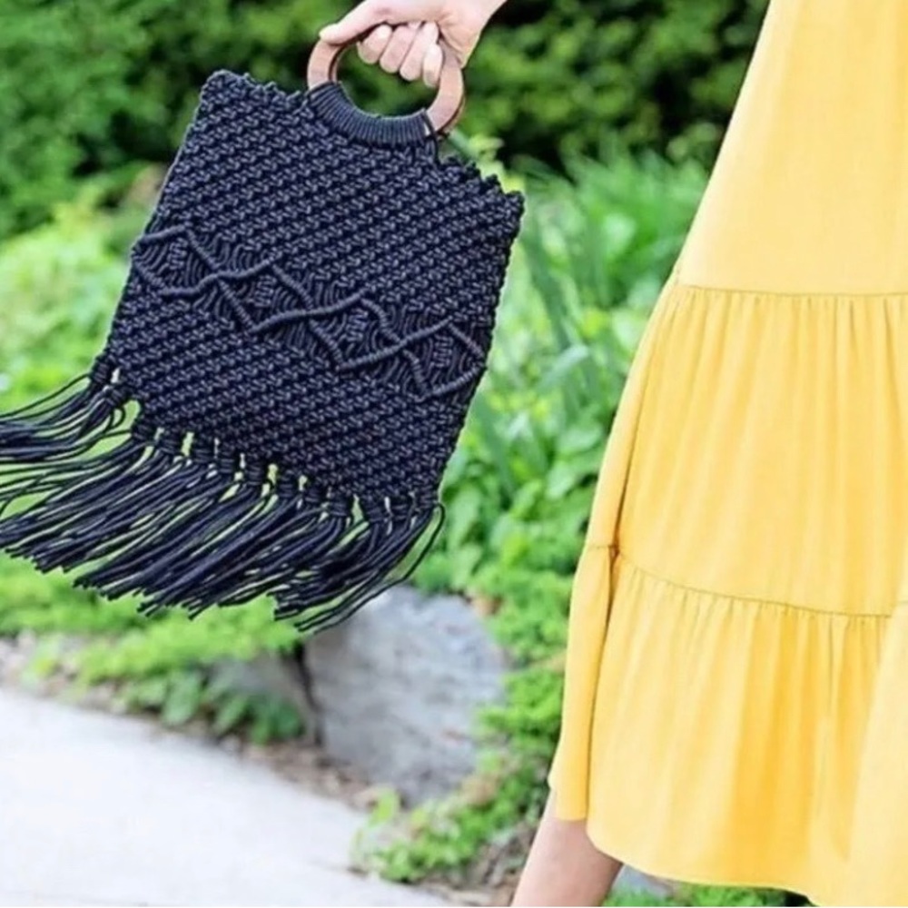 New black macrame cross body purse with wooden handles by Danielle Nicole